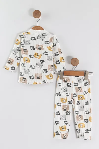 Kahve (1-3 Yaş) Kedi Desenli Raporlu Çocuk Pijama Takım 459398