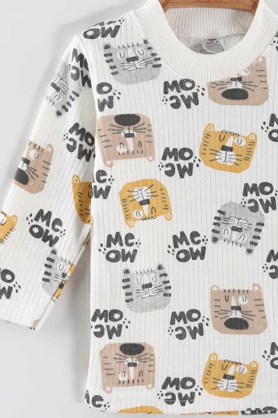Kahve (1-3 Yaş) Kedi Desenli Raporlu Çocuk Pijama Takım 459398