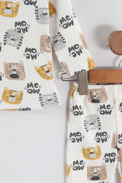 Kahve (1-3 Yaş) Kedi Desenli Raporlu Çocuk Pijama Takım 459398