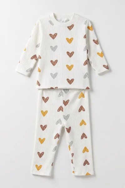 Kahve (1-3 Yaş)Kalp Desenli Raporlu Kız Çocuk Pijama Takım 484709