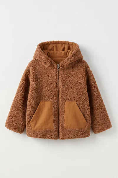 Kahve (1-4 Yaş) Astarlı Kapüşonlu Peluş Kız Çocuk Hırka 499476