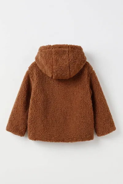 Kahve (1-4 Yaş) Astarlı Kapüşonlu Peluş Kız Çocuk Hırka 499476