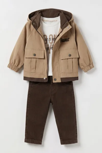 Kahve (1-4 Yaş) Baskılı Badili Ceket Detaylı Kot Pantolonlu Erkek Bebek&Çocuk 3'lü Takım 501548
