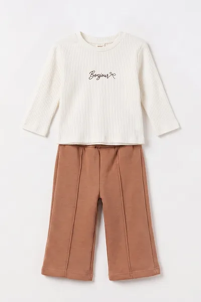 Kahve (1-4 Yaş)   Baskılı  Badili  Peluş Ceketli Alt Şardonlu   Kız Çocuk&Bebek 3'lü Takım 495297