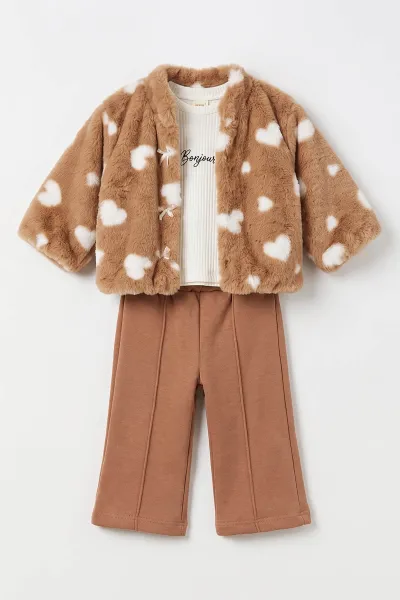 Kahve (1-4 Yaş)   Baskılı  Badili  Peluş Ceketli Alt Şardonlu   Kız Çocuk&Bebek 3'lü Takım 495297