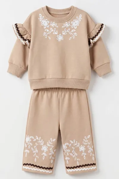 Kahve (1-4 Yaş) Çiçek Baskılı Fırfır Detaylı 3 İp Şardonlu Kız Bebek&Çocuk Kışlık Takım 494927