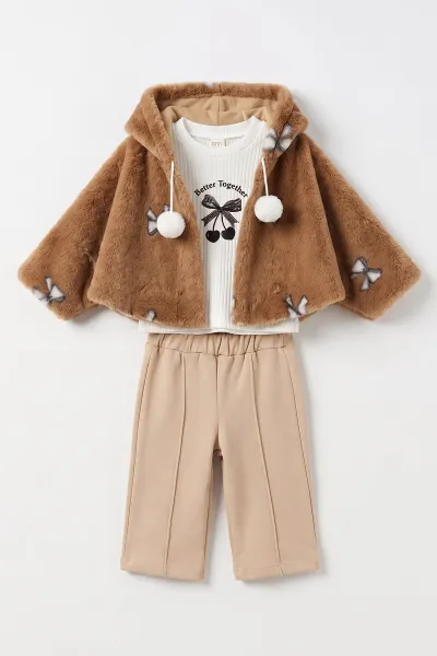 Kahve (1-4 Yaş)  Fiyonk Baskılı  Badili  Peluş Pançolu Alt Şardonlu   Kız Çocuk&Bebek 3'lü Takım 495293