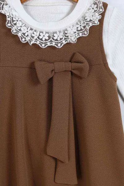 Kahve (1-4 Yaş) Fiyonklu Badili Jile Kız Çocuk Takım 339741
