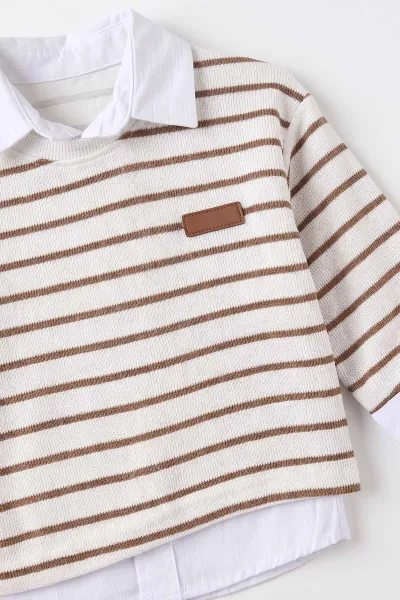Kahve (1-4 Yaş) Gömlekli 2 İp Çizgili Sweatli ve Kot Pantolonlu Erkek &Bebek Çocuk 3'lü Takım 495357