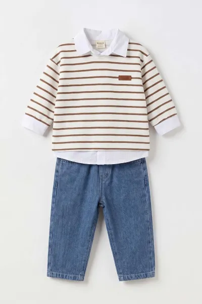 Kahve (1-4 Yaş) Gömlekli 2 İp Çizgili Sweatli ve Kot Pantolonlu Erkek &Bebek Çocuk 3'lü Takım 495357