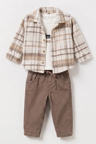 Kahve (1-4 Yaş) Gömlekli Kapüşonlu Triko Hırkalı  Erkek Bebek&Çocuk 4'lü Takım 501191