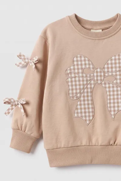 Kahve (1-4 Yaş) Kareli Fiyonk  Nakışlı   Sweatli  2 İp Kız Çocuk&Bebek 2'li Takım 495248