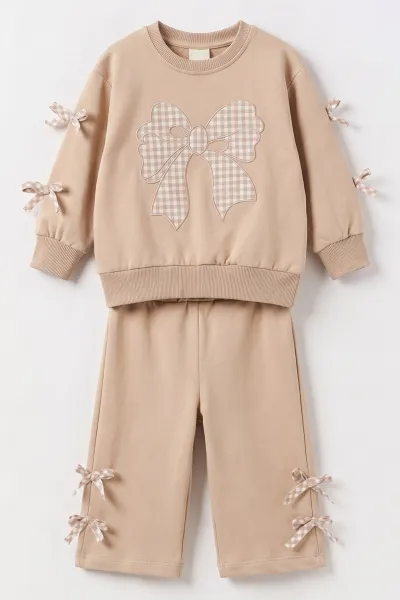 Kahve (1-4 Yaş) Kareli Fiyonk  Nakışlı   Sweatli  2 İp Kız Çocuk&Bebek 2'li Takım 495248