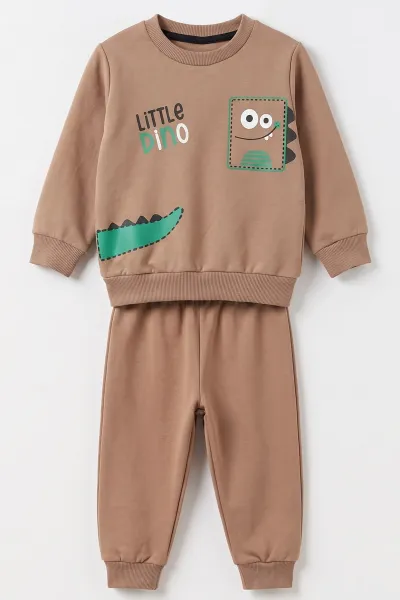 Kahve (1-4 Yaş) Little Dino Baskılı 2 İp Erkek Çocuk&Bebek Mevsimlik Takım 495080