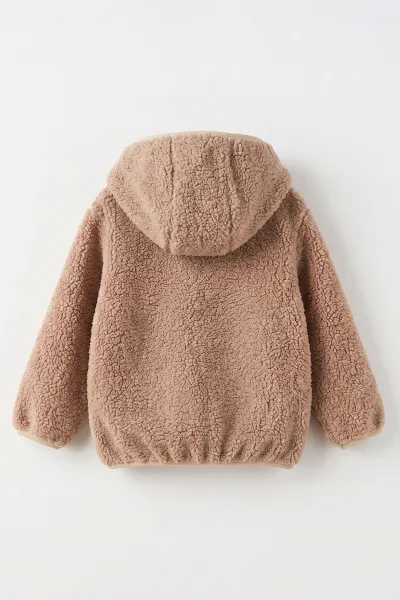 Kahve (1-4 Yaş)  Nakışlı Kapüşonlu Kanguru Cepli Yarım Fermuarlı Kuzu Kız &Bebek Çocuk Sweatshirt 497454