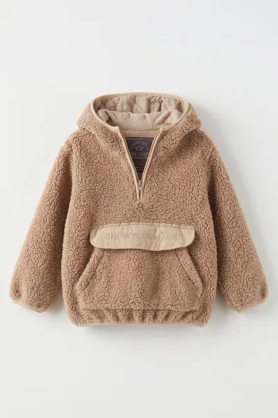 Kahve (1-4 Yaş)  Nakışlı Kapüşonlu Kanguru Cepli Yarım Fermuarlı Kuzu Kız &Bebek Çocuk Sweatshirt 497454