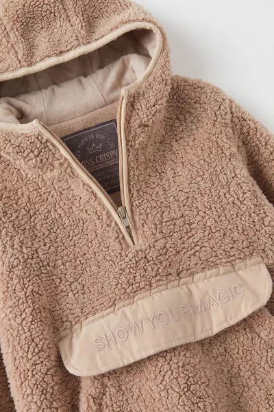 Kahve (1-4 Yaş)  Nakışlı Kapüşonlu Kanguru Cepli Yarım Fermuarlı Kuzu Kız &Bebek Çocuk Sweatshirt 497454