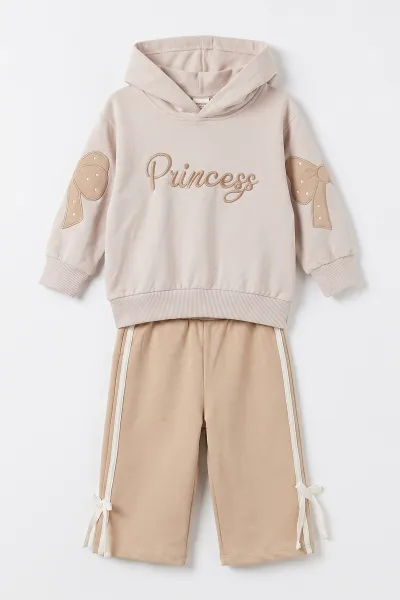 Kahve (1-4 Yaş) Princess Nakışlı Kapüşonlu Sweatli  2 İp Kız Çocuk&Bebek 2'li Takım 495242
