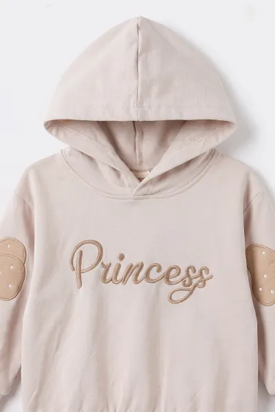 Kahve (1-4 Yaş) Princess Nakışlı Kapüşonlu Sweatli  2 İp Kız Çocuk&Bebek 2'li Takım 495242