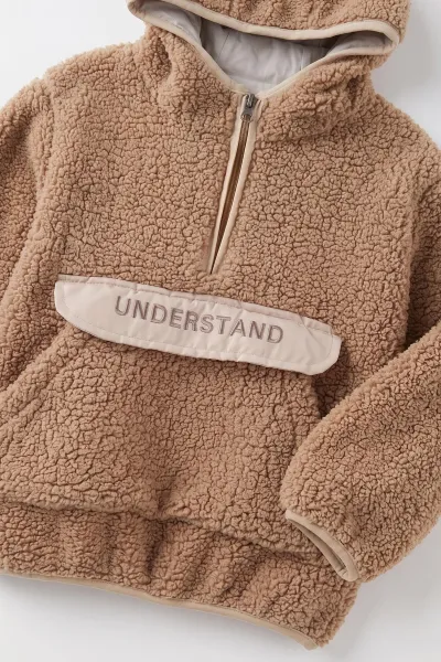 Kahve (1-4 Yaş) Understand Nakışlı Kapüşonlu Kanguru Cepli Yardım Fermuarlı Kuzu Erkek Bebek&Çocuk Sweatshirt 499801