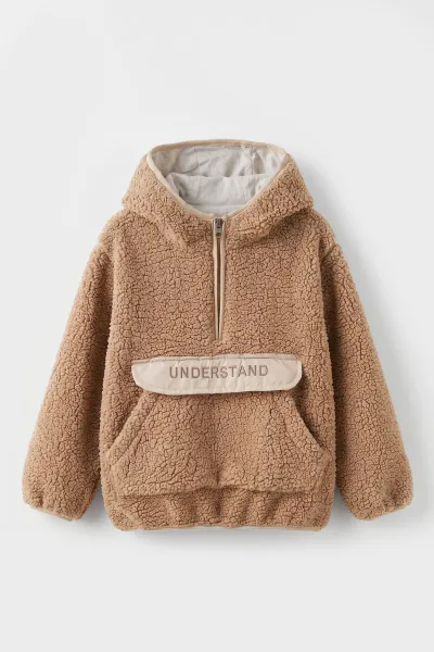 Kahve (1-4 Yaş) Understand Nakışlı Kapüşonlu Kanguru Cepli Yardım Fermuarlı Kuzu Erkek Bebek&Çocuk Sweatshirt 499801