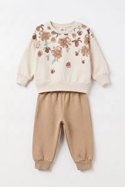 Kahve (1-4 Yaş) Yaka Çiçek Baskılı  3 İp Şardonlu Kız Bebek&Çocuk  Kışlık Takım 497465