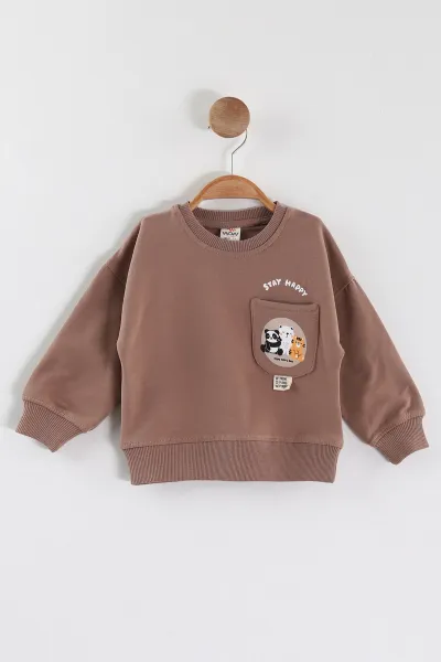 Kahve (1-4 Yaş)Baskılı Cepli Erkek Çocuk Sweatshirt 432836