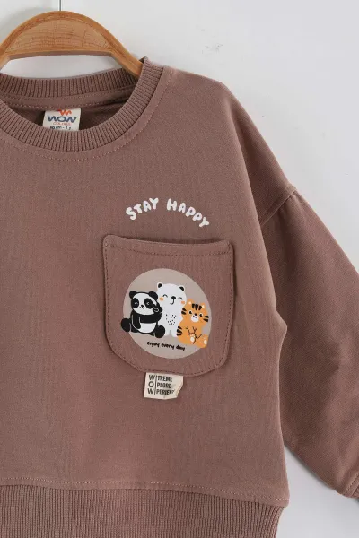 Kahve (1-4 Yaş)Baskılı Cepli Erkek Çocuk Sweatshirt 432836