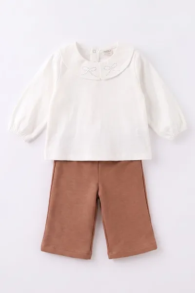Kahve (1-4 Yaş)Dantel Aksesuarlı Peluş Yelekli Alt Şardonlu  Kız Çocuk&Bebek 3'lü Takım 495195