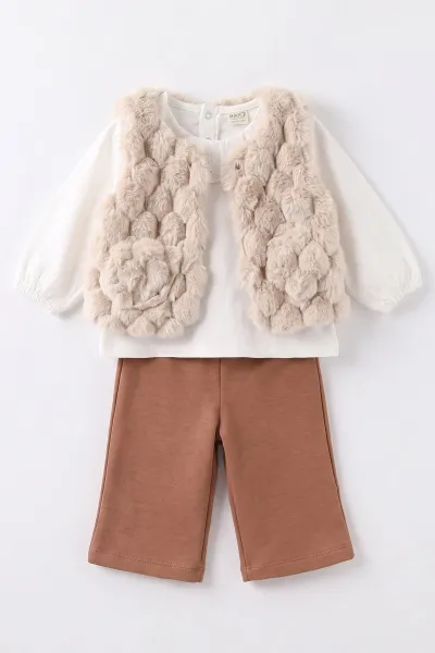 Kahve (1-4 Yaş)Dantel Aksesuarlı Peluş Yelekli Alt Şardonlu  Kız Çocuk&Bebek 3'lü Takım 495195