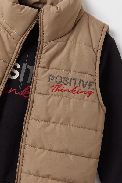 Kahve (1-5 Yaş)  3 İp Şardonlu   Baskılı Sweatli  Positive  Nakışlı Yelekli  Erkek Çocuk 3'lü Takım 498191