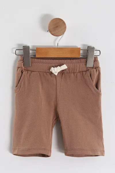 Kahve (1-5 Yaş) Ayıcık Desenli Polo Yaka Cepli   Şortlu Süprem Erkek Çocuk Yazlık Takım 446029