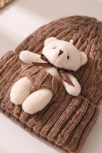 Kahve (1-5 Yaş) Ayıcıklı  Çocuk Atkı Bere Takım 475079