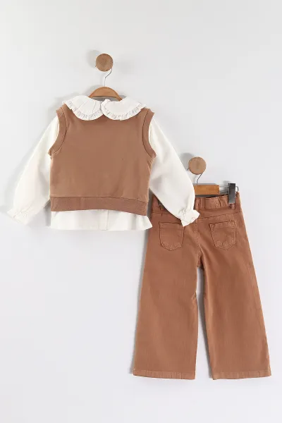 Kahve (1-5 Yaş) Bebe Yaka Keten Gömlekli Çiçekli Süveterli Gabardin Pantolonlu Kız Çocuk 3'lü Takım 442763