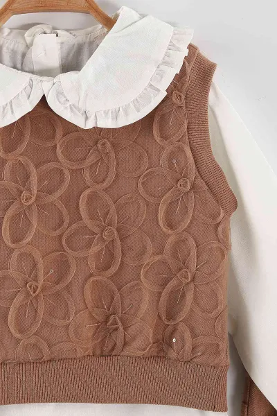 Kahve (1-5 Yaş) Bebe Yaka Keten Gömlekli Çiçekli Süveterli Gabardin Pantolonlu Kız Çocuk 3'lü Takım 442763