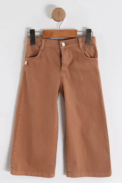 Kahve (1-5 Yaş) Bebe Yaka Keten Gömlekli Çiçekli Süveterli Gabardin Pantolonlu Kız Çocuk 3'lü Takım 442763