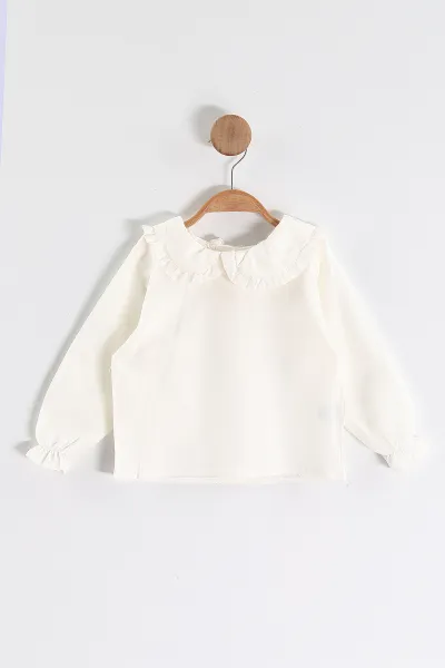 Kahve (1-5 Yaş) Bebe Yaka Keten Gömlekli Çiçekli Süveterli Gabardin Pantolonlu Kız Çocuk 3'lü Takım 442763