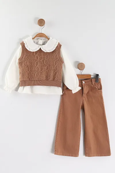 Kahve (1-5 Yaş) Bebe Yaka Keten Gömlekli Çiçekli Süveterli Gabardin Pantolonlu Kız Çocuk 3'lü Takım 442763