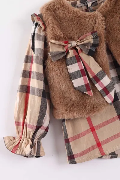 Kahve (1-5 Yaş) Fırfırlı Peluş Yelekli Gabardin Etekli Kız Çocuk 3'lü Takım 473409