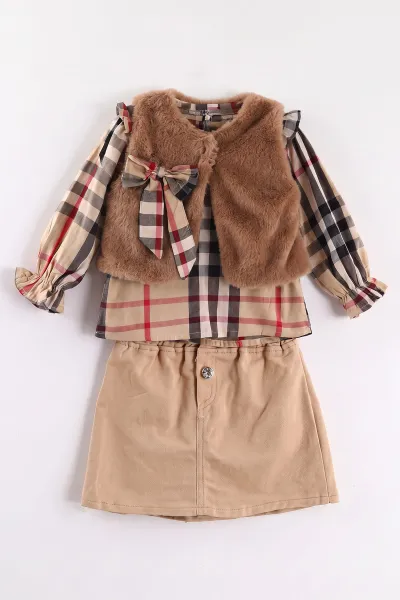 Kahve (1-5 Yaş) Fırfırlı Peluş Yelekli Gabardin Etekli Kız Çocuk 3'lü Takım 473409