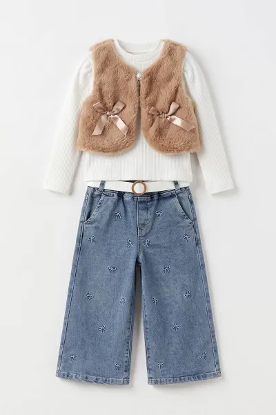 Kahve (1-5 Yaş) Fitilli Bodyli Leopar Peluş Yelekli Nakışlı Kot Pantolonlu Kız Çocuk 3lü Takım 495749