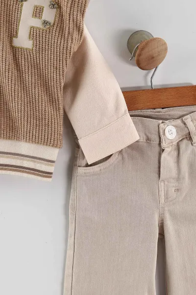 Kahve (1-5 Yaş) Gömlekli Triko Süveterli Gabardin Pantolonlu  Kız Çocuk 3'lü Takım 443782