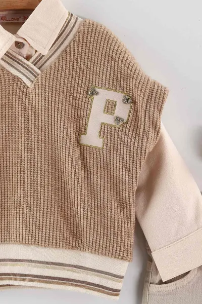 Kahve (1-5 Yaş) Gömlekli Triko Süveterli Gabardin Pantolonlu  Kız Çocuk 3'lü Takım 443782