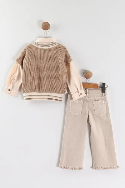 Kahve (1-5 Yaş) Gömlekli Triko Süveterli Gabardin Pantolonlu  Kız Çocuk 3'lü Takım 443782