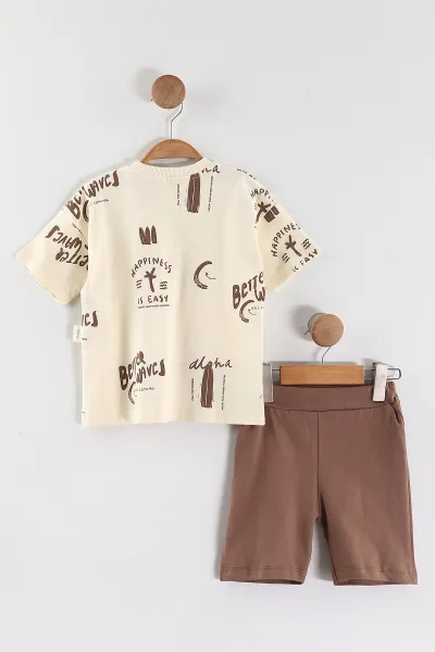 Kahve (1-5 Yaş) Happiness  Baskılı Tişörtlü ve Şortlu Süprem Erkek Çocuk Yazlık Takım 446236