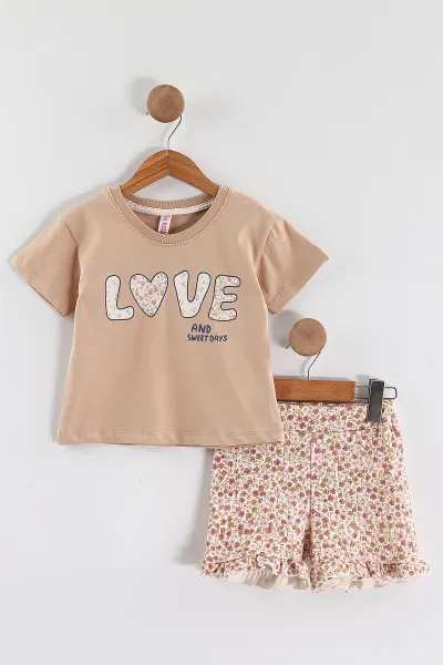 Kahve (1-5 Yaş) Love Baskılı  Çiçekli Şortlu Kız Çocuk Yazlık Takım 439227