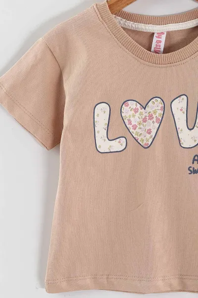 Kahve (1-5 Yaş) Love Baskılı  Çiçekli Şortlu Kız Çocuk Yazlık Takım 439227