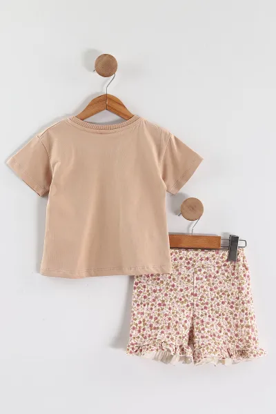 Kahve (1-5 Yaş) Love Baskılı  Çiçekli Şortlu Kız Çocuk Yazlık Takım 439227