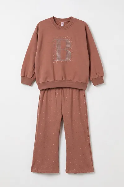 Kahve (1-5 Yaş) Taş Baskılı Bol Paça Kız Çocuk Mevsimlik Takım 476201
