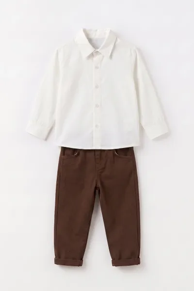 Kahve (1-5 Yaş) Triko Hırka Gömlek Pantolon Erkek Çocuk Üçlü Takım 495900